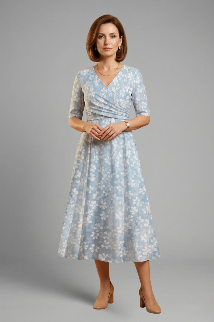 Comfortable women's V-neck midi dress with pockets, perfect for versatile spring & summer casual wear.