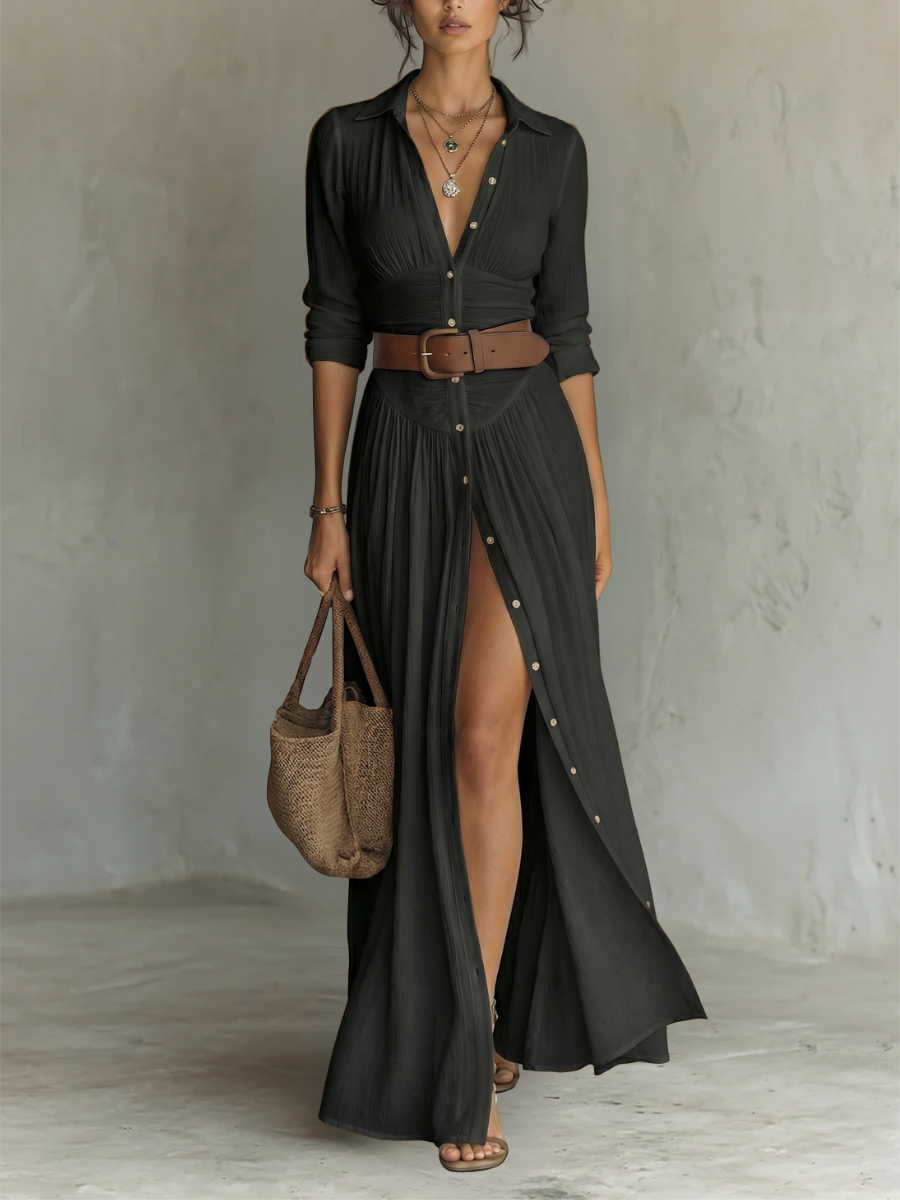 Women's Bohemian Black Maxi Dress with collared button front, long sleeves, and side slit, perfect for summer vacation.