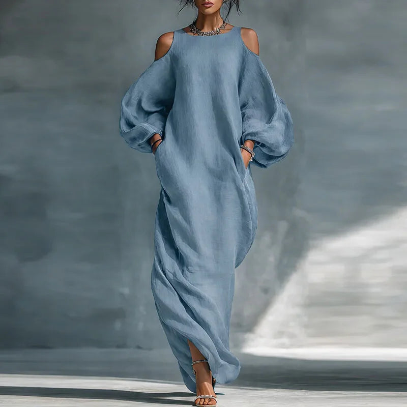 Women's bohemian cold shoulder maxi dress, flowing & relaxed fit, perfect for summer casual elegance.
