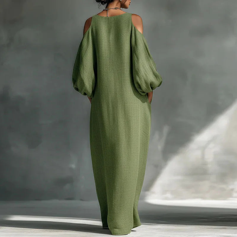 Casual bohemian cold shoulder maxi gown for women, offering a flowing, relaxed fit ideal for spring & summer style.