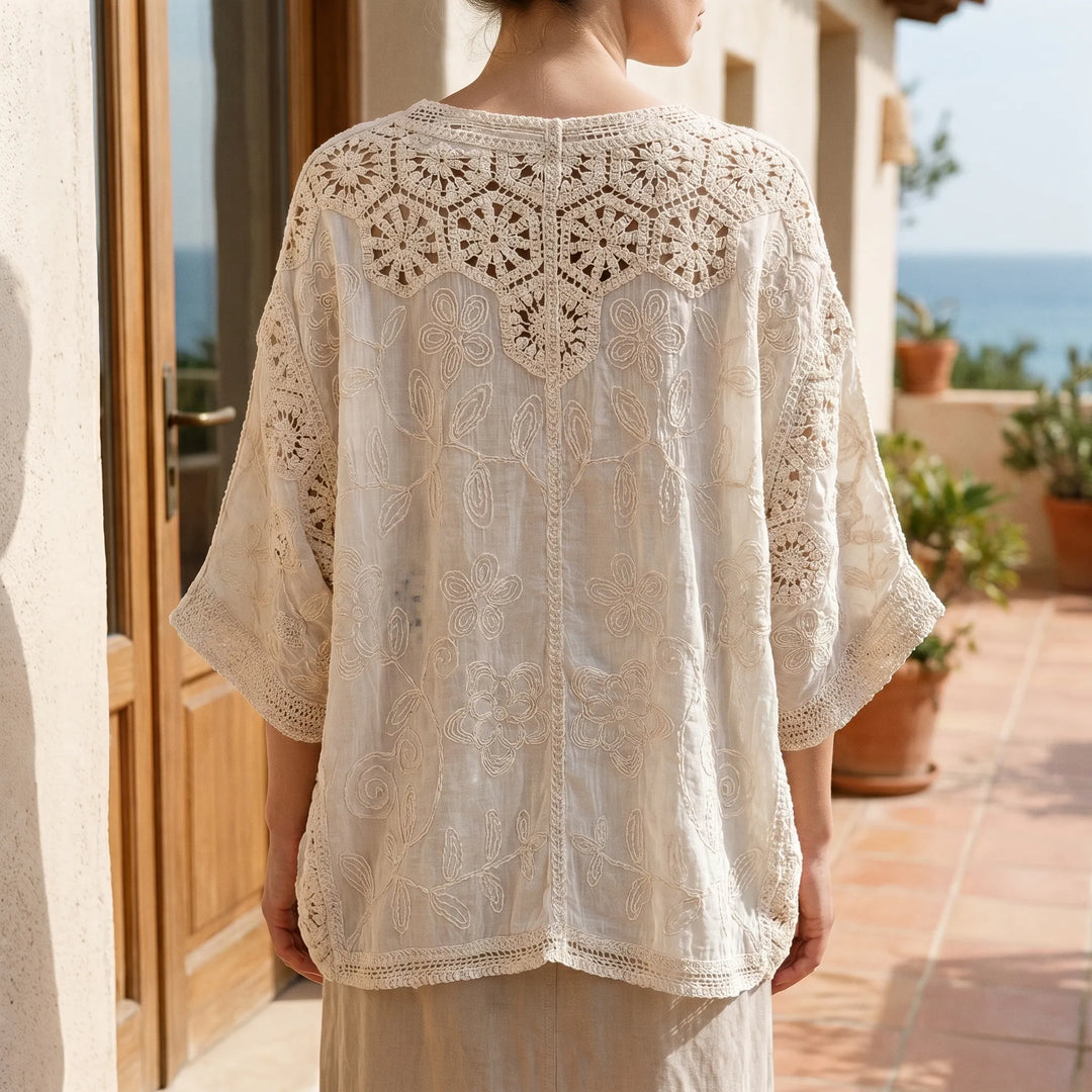 Women's bohemian cream lightweight cardigan. Open front, relaxed fit, perfect for summer layering.