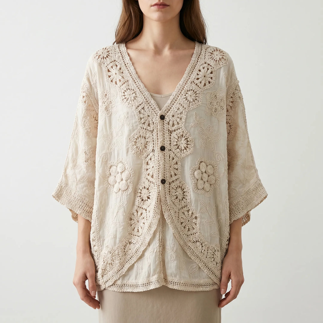 Cream bohemian lightweight cardigan for women. Relaxed fit, ideal for summer layering and casual wear.