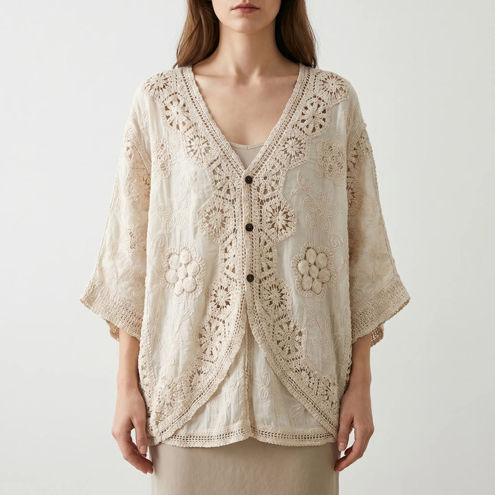 Cream bohemian lightweight cardigan for women. Relaxed fit, ideal for summer layering and casual wear.