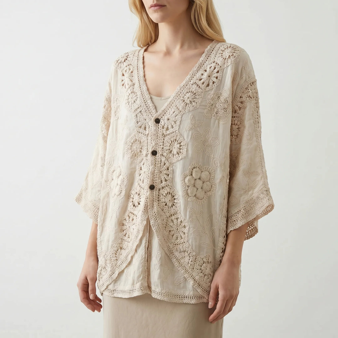 Bohemian women's cream lightweight cardigan with an open front. Perfect for summer layering and relaxed style.