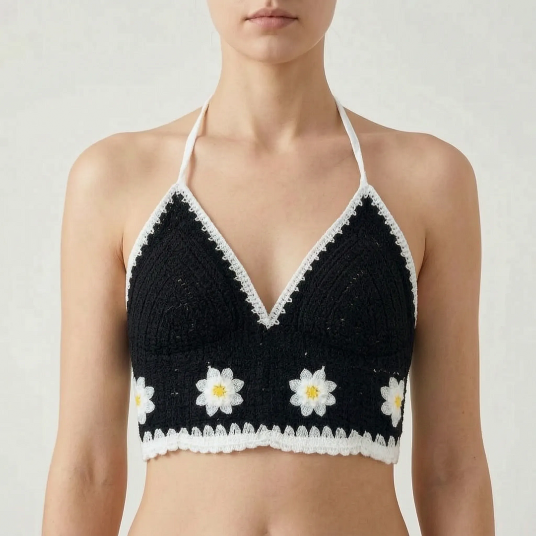 Women's bohemian crochet halter crop top, versatile for swimwear, beachwear, & festivals.