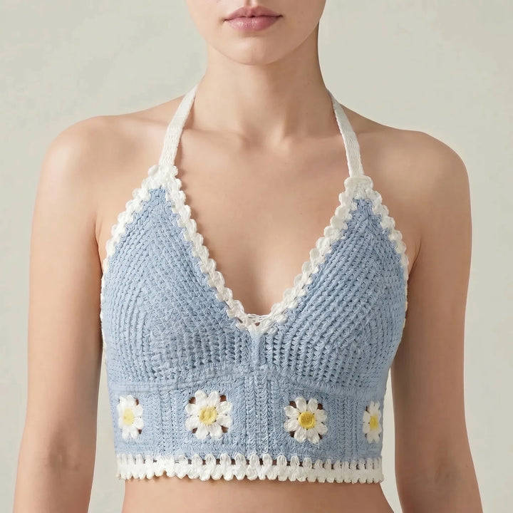 Handmade women's bohemian crochet crop top. A chic halter style for summer fashion.