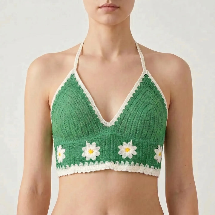 Trendy women's crochet halter top, a bohemian crop style for beach and festival outfits.