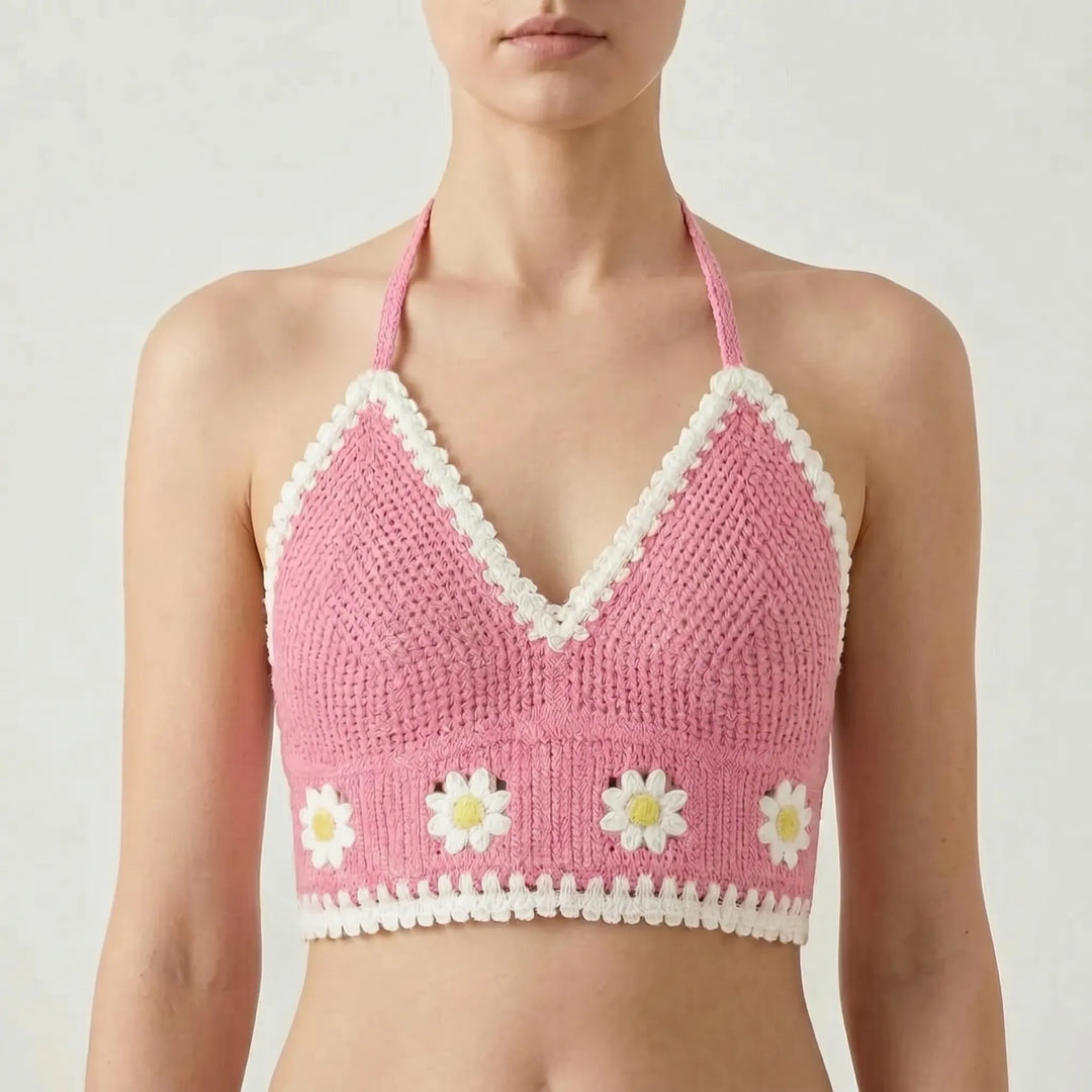 Bohemian women's crochet crop top, halter design. Great as a summer top or beachwear.