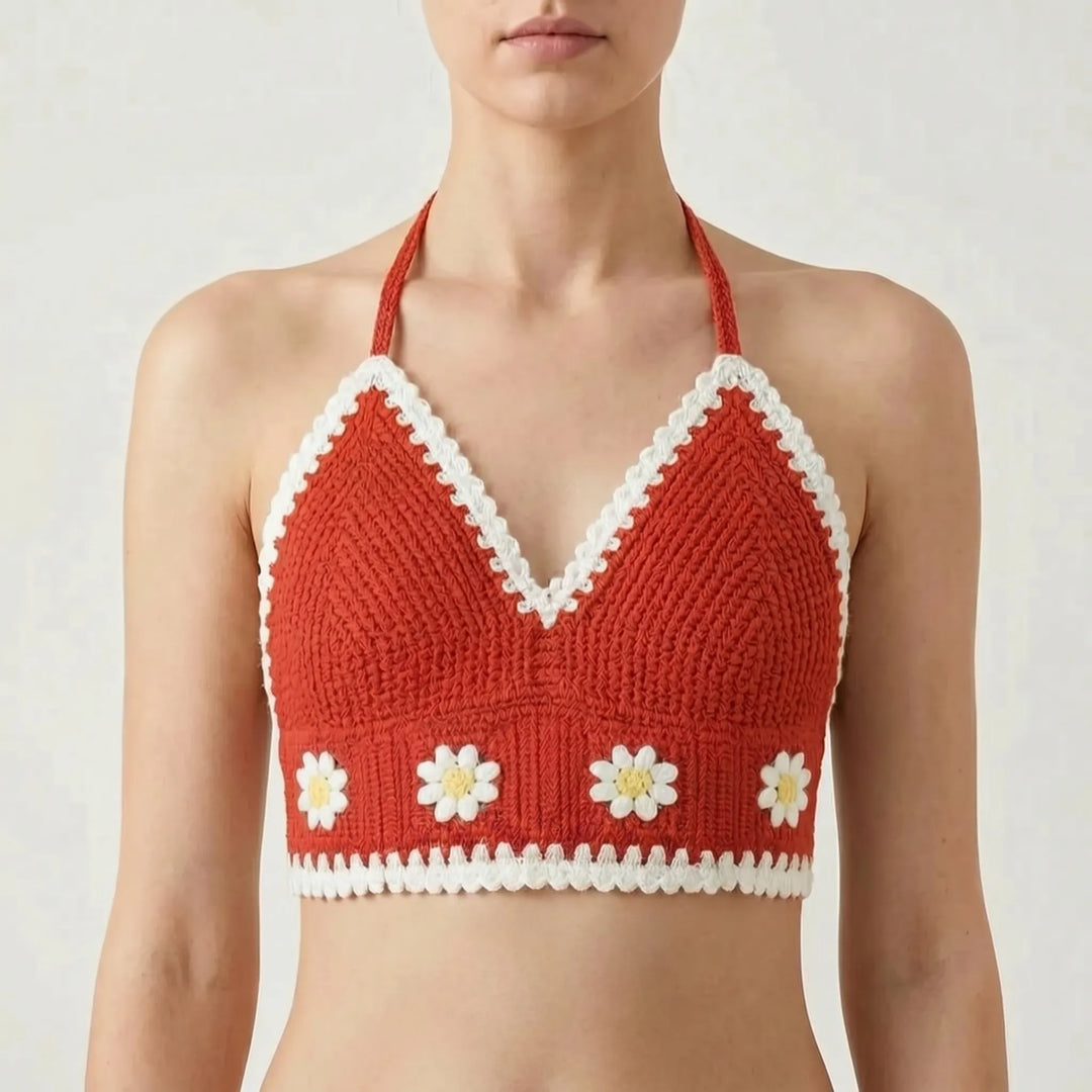 Adjustable women's crochet halter crop top in a bohemian style for summer festivals.