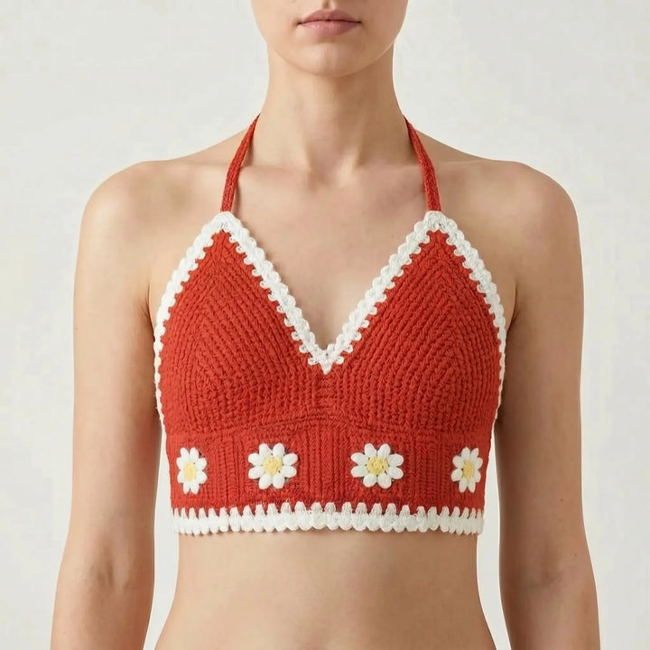 Adjustable women's crochet halter crop top in a bohemian style for summer festivals.