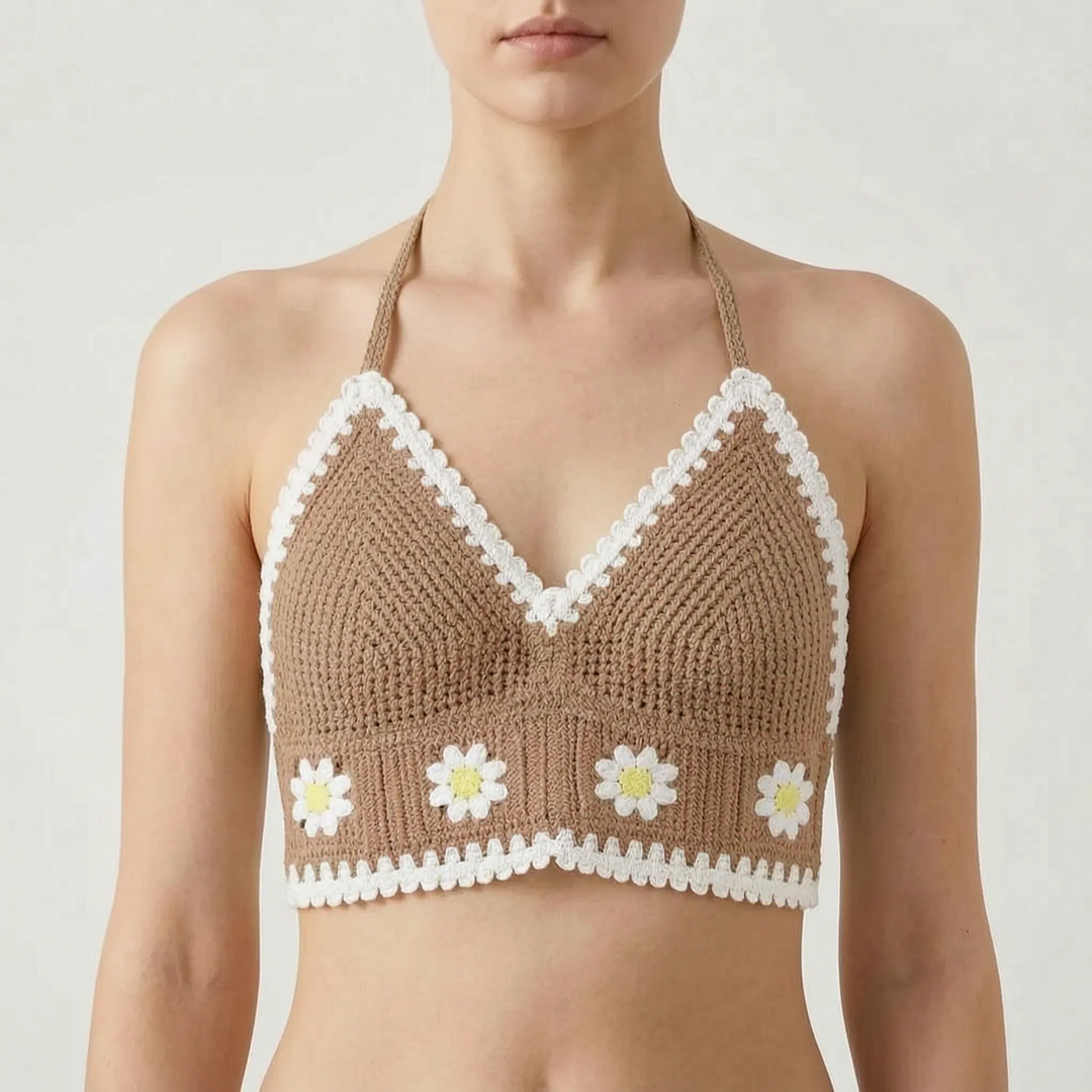 Chic women's bohemian crochet halter top. Perfect as a crop top for summer beach outfits.