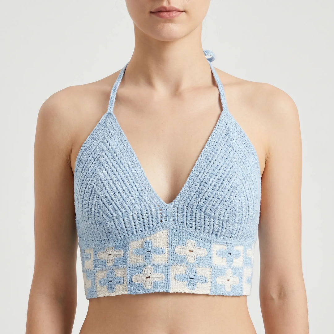 Detailed women's crochet crop top, bohemian halter style for beach, summer, & festivals.