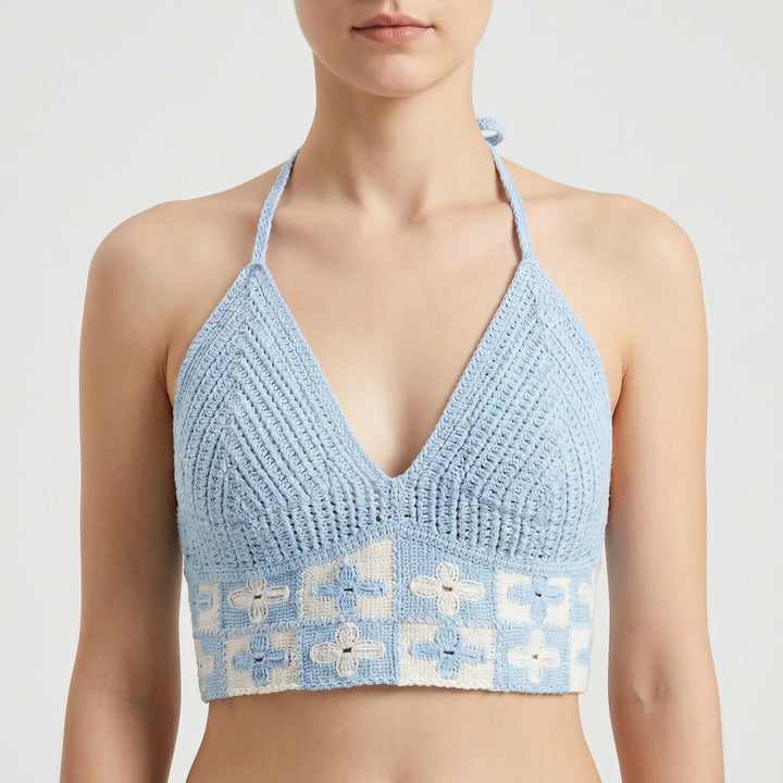 Detailed women's crochet crop top, bohemian halter style for beach, summer, & festivals.