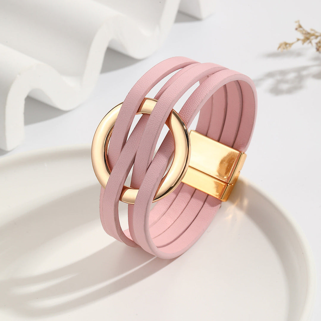 Women's Bohemian double circle leather bracelet, a stylish adjustable fashion accessory for everyday wear.