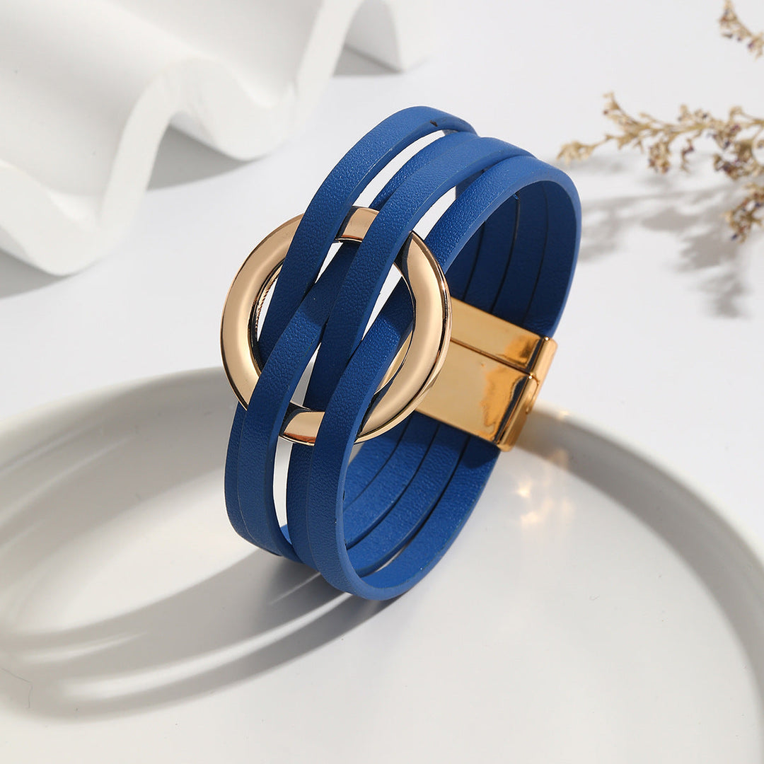 Blue Bohemian double circle leather bracelet, a stylish women's jewelry piece with a unique adjustable design.