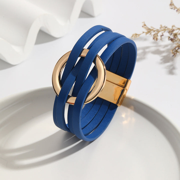 Blue Bohemian double circle leather bracelet, a stylish women's jewelry piece with a unique adjustable design.