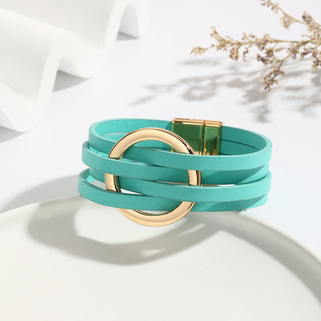 Beige Bohemian double circle leather bracelet, an elegant and versatile women's accessory for unique style.