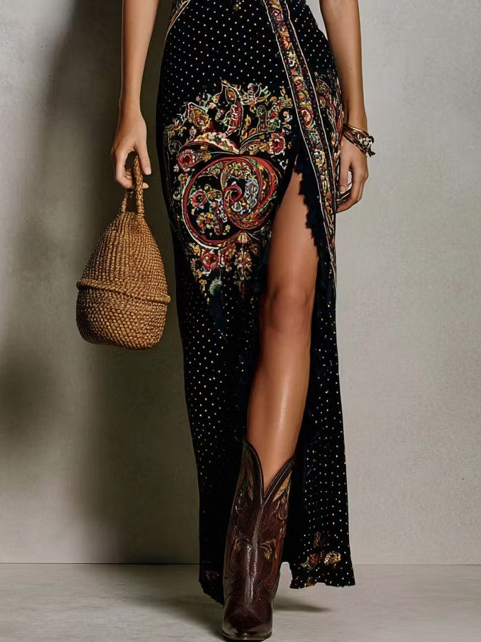 Flowy women's bohemian embroidered maxi dress with a deep v-neck & high slit, perfect for parties & summer fashion.