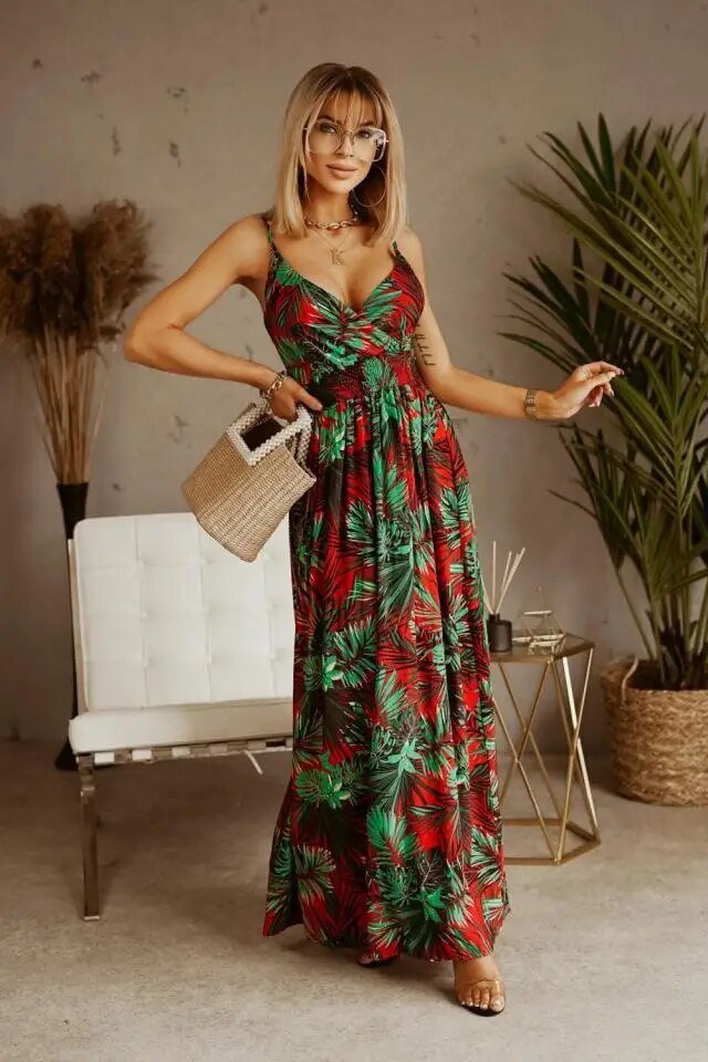 Close-up of women's floral boho maxi dress fabric, showing polyester material and print