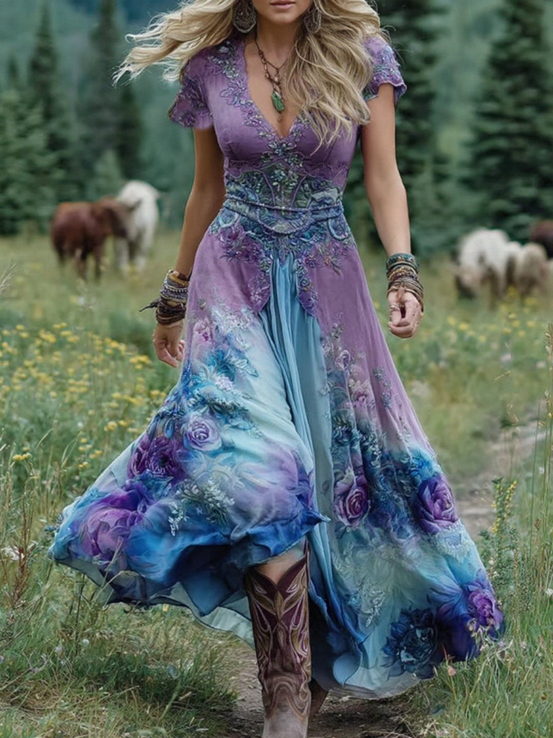 Women's Bohemian floral maxi dress with elegant flowing fabric and flutter sleeves, perfect for summer parties.