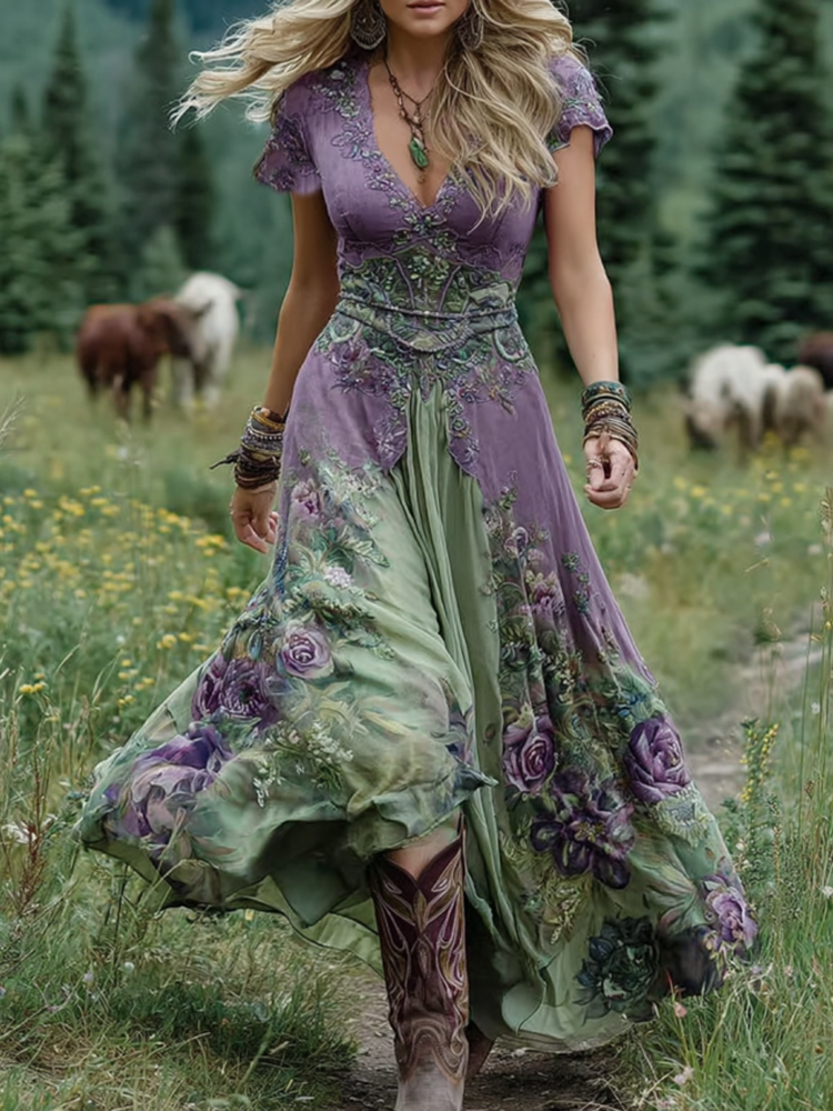 Elegant women's bohemian floral long maxi dress, ideal for casual summer wear or a stylish party.