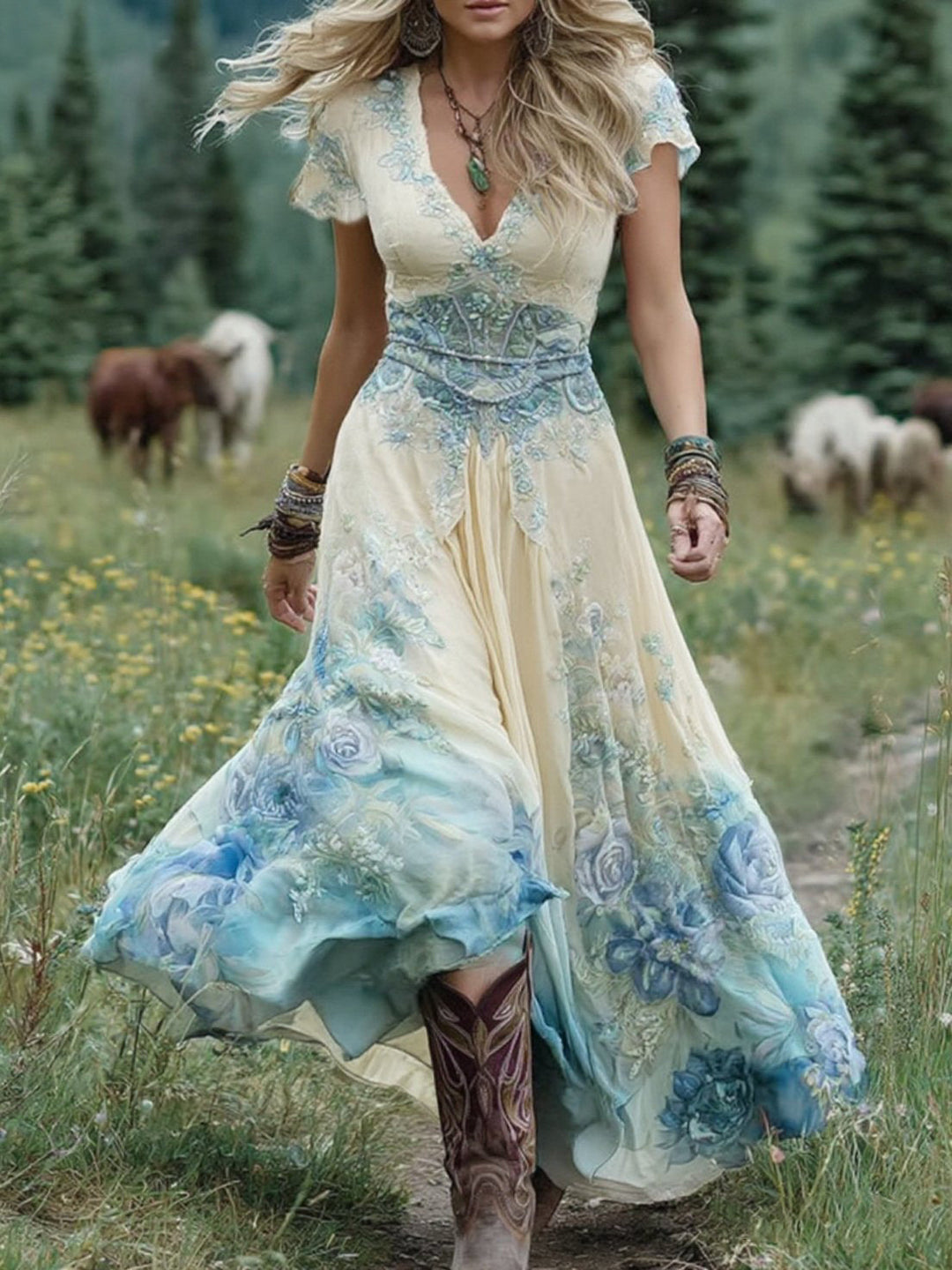Close-up of a women's flowing maxi dress featuring a vibrant floral pattern and delicate flutter sleeves.