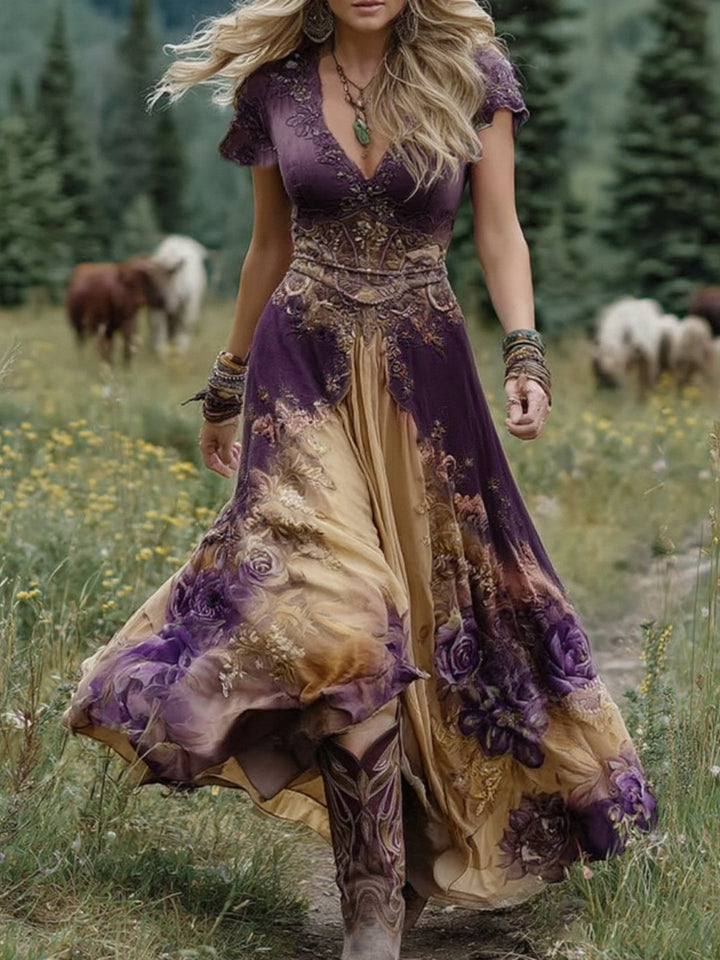 Woman in a stunning Bohemian floral maxi dress, showcasing its elegant flow and comfortable fit for summer.