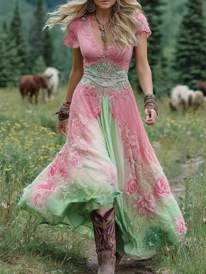 Flowing women's floral maxi dress, a comfortable and elegant bohemian style perfect for warm weather fashion.