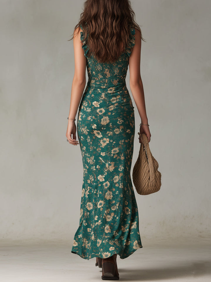 Floral print women's maxi dress, bohemian style, ruffled short sleeves & high side slit for summer casual.