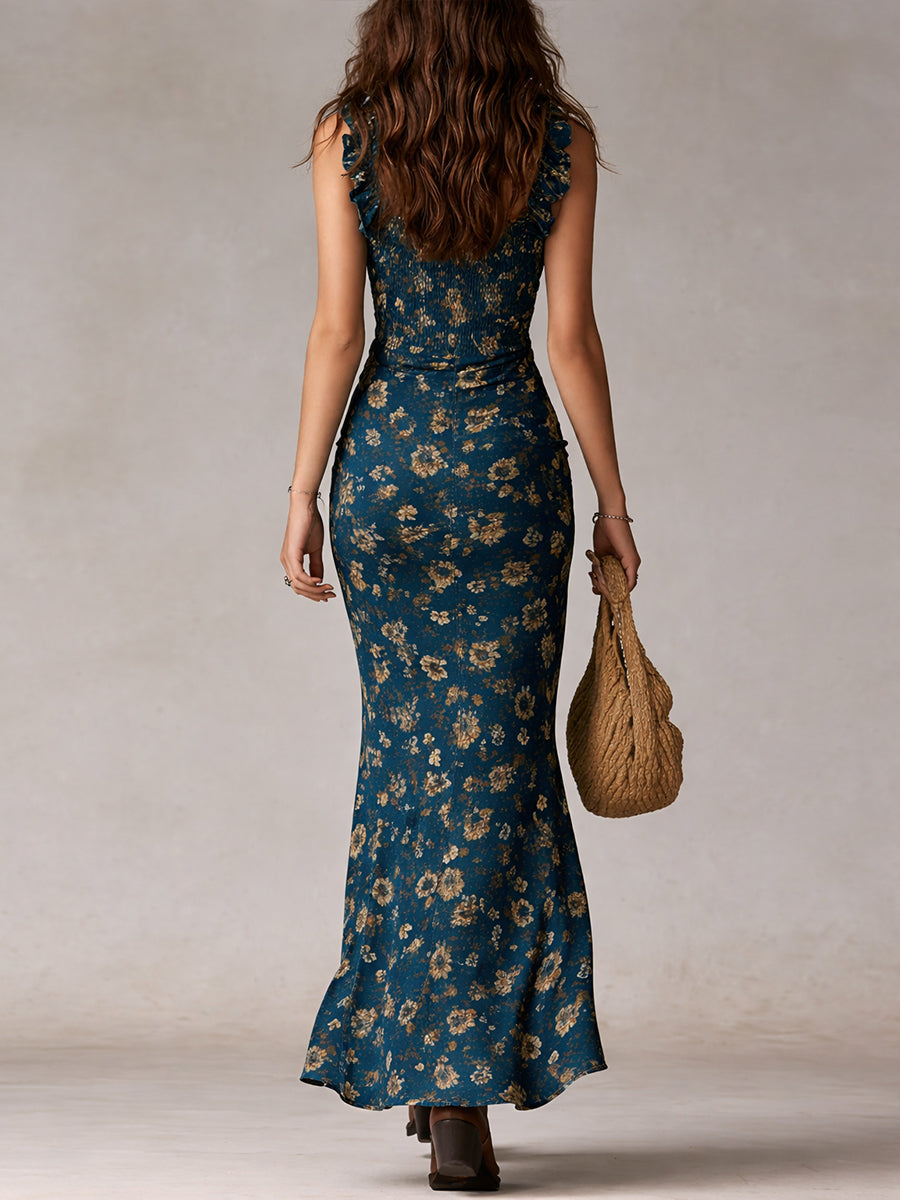 Women's elegant bohemian floral maxi dress, featuring ruffled sleeves and a high side slit, great for summer.