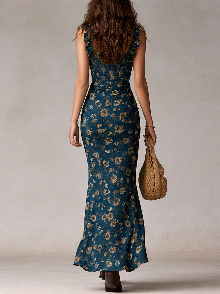 Women's elegant bohemian floral maxi dress, featuring ruffled sleeves and a high side slit, great for summer.