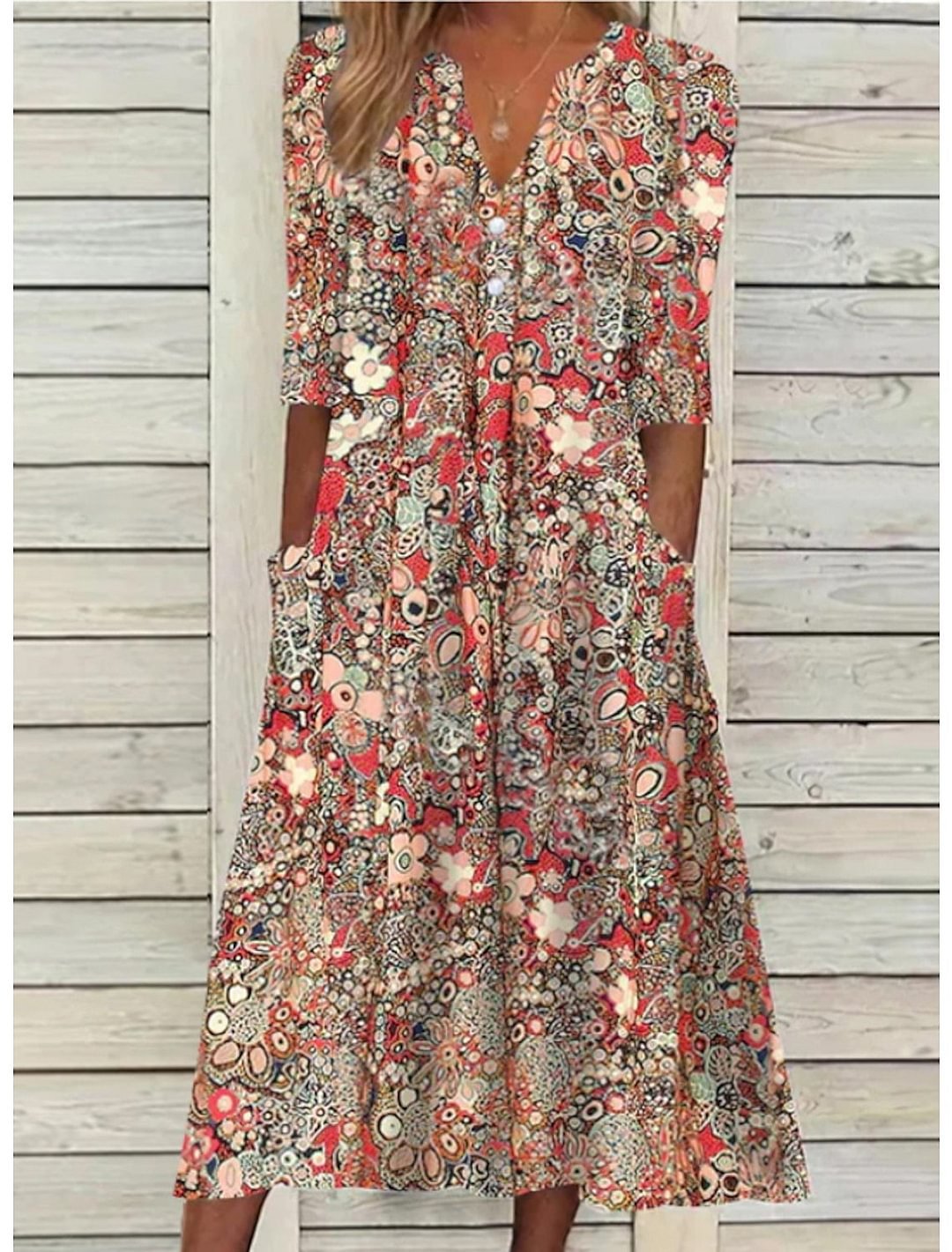 Women's Bohemian Floral Print Midi Dress, relaxed fit, flowy fabric, perfect for summer casual wear & vacation.
