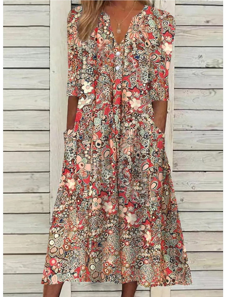 Women's Bohemian Floral Print Midi Dress, relaxed fit, flowy fabric, perfect for summer casual wear & vacation.