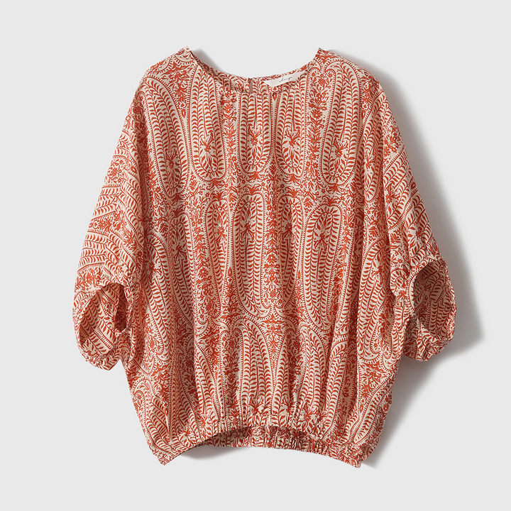 Women's bohemian floral pullover top with long balloon sleeves, perfect for casual fall or spring wear.