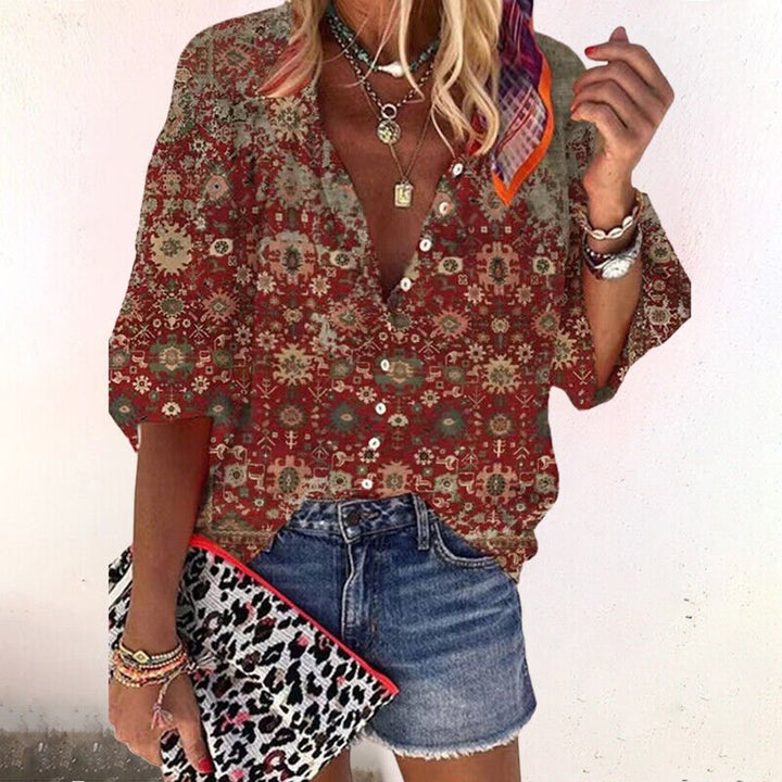 Versatile women's floral V-neck blouse, a stylish short sleeve top for spring, summer, and everyday wear.