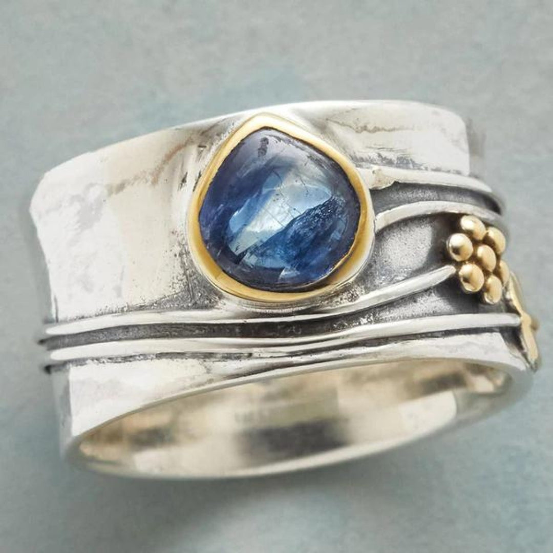 Women's Bohemian Gemstone Meditation Ring, handcrafted silver jewelry for peace & balance. Unique spiritual fashion.