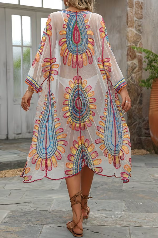 Women's one-size bohemian kimono cover up. Flowy sunflower print beachwear for elegant summer & resort fashion.