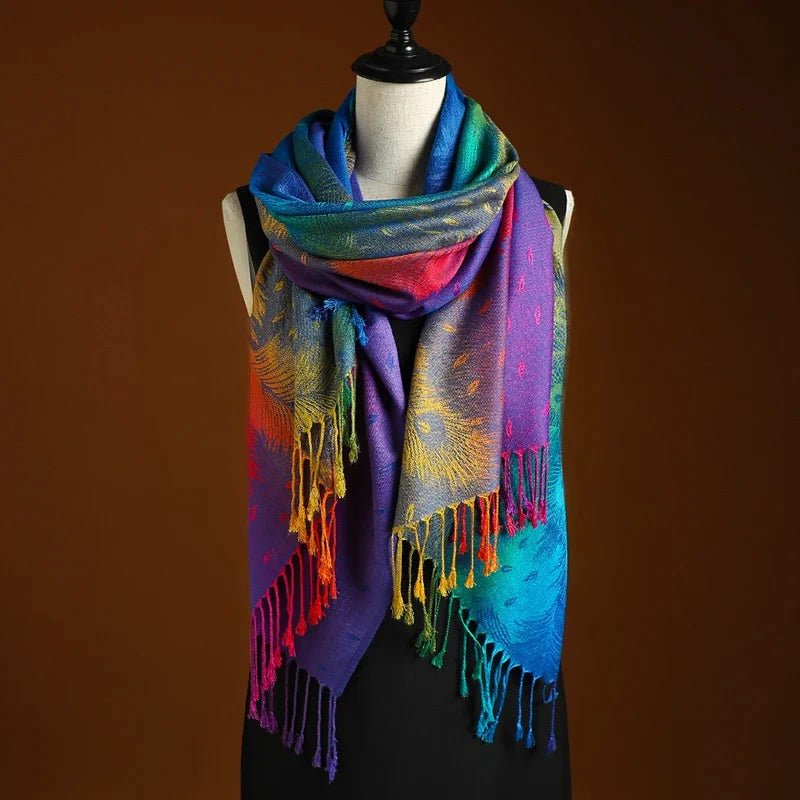 Bohemian women's fringe shawl with intricate peacock design. Soft, versatile wrap, perfect for travel or elegant wear.