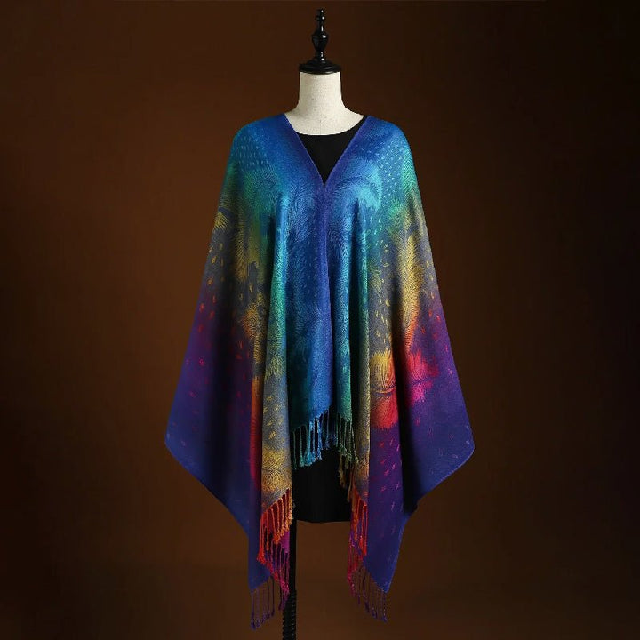 Elegant women's Bohemian peacock wrap shawl with graceful fringe. Versatile red & blue scarf, ideal for fashion travel.