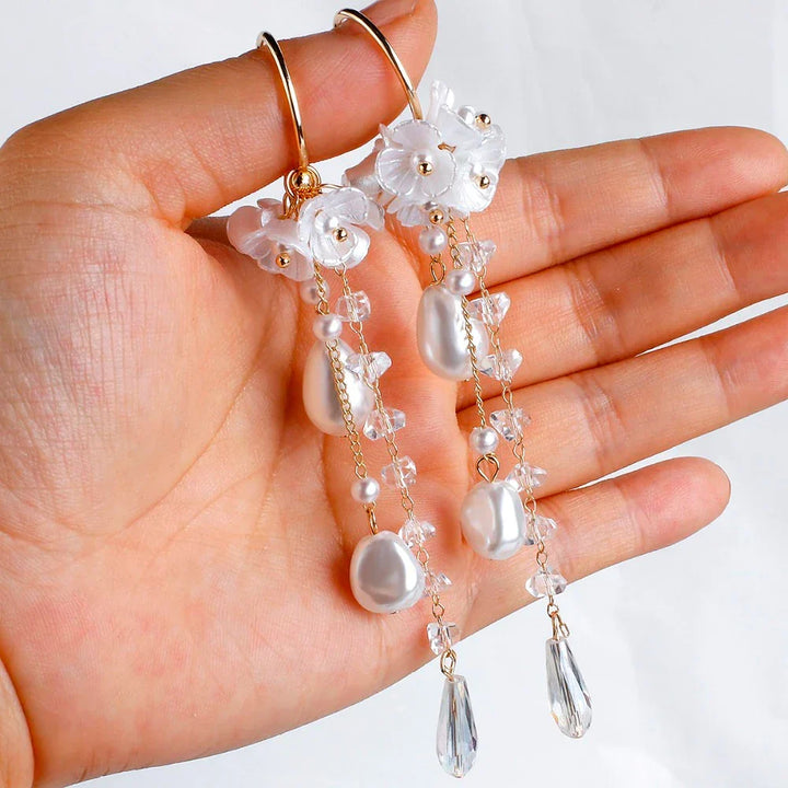 Bohemian pearl & crystal dangle earrings for women, hypoallergenic fashion statement.