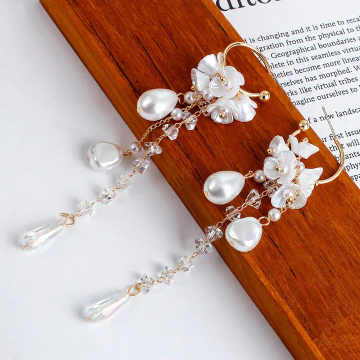 Handcrafted Bohemian pearl & crystal dangle earrings, hypoallergenic women's jewelry.