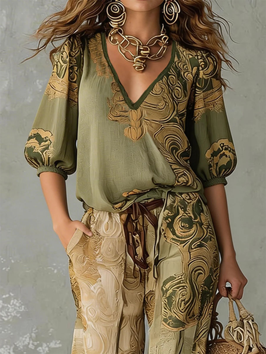 Women's bohemian print matching two-piece set, featuring a v-neck top & relaxed pants for summer casual wear.