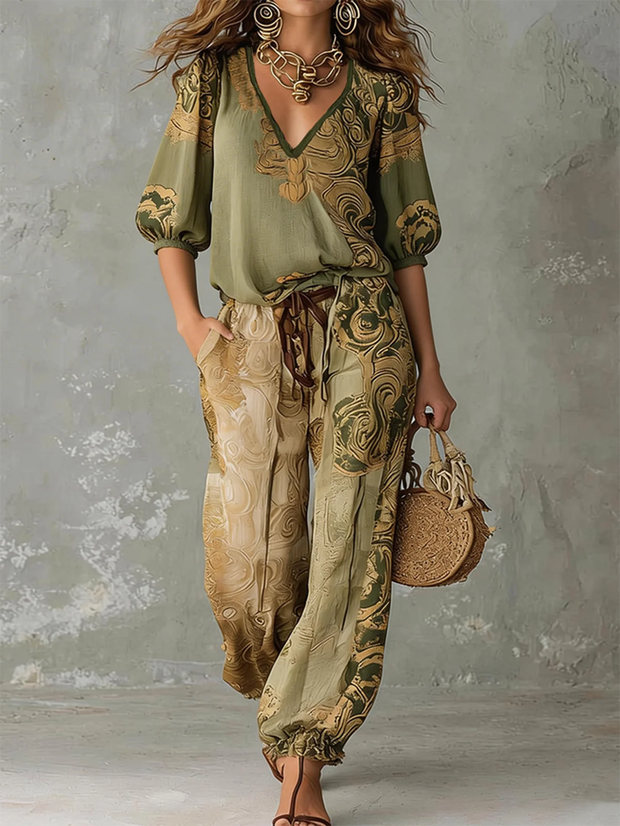 Bohemian print v-neck half-sleeve top & matching wide-leg pants set, perfect for relaxed summer fashion.