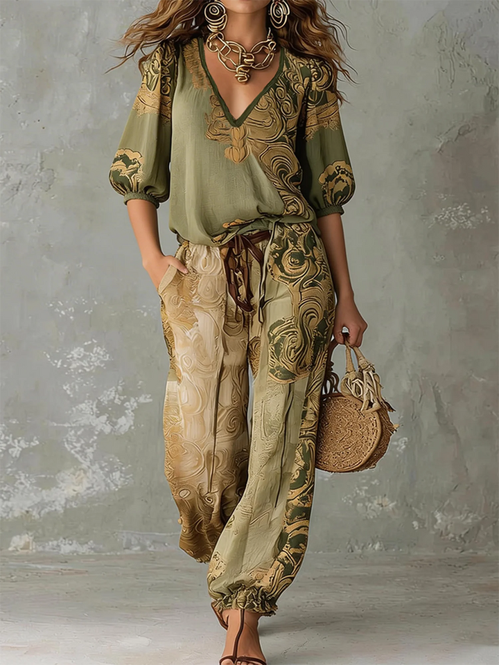 Bohemian print v-neck half-sleeve top & matching wide-leg pants set, perfect for relaxed summer fashion.