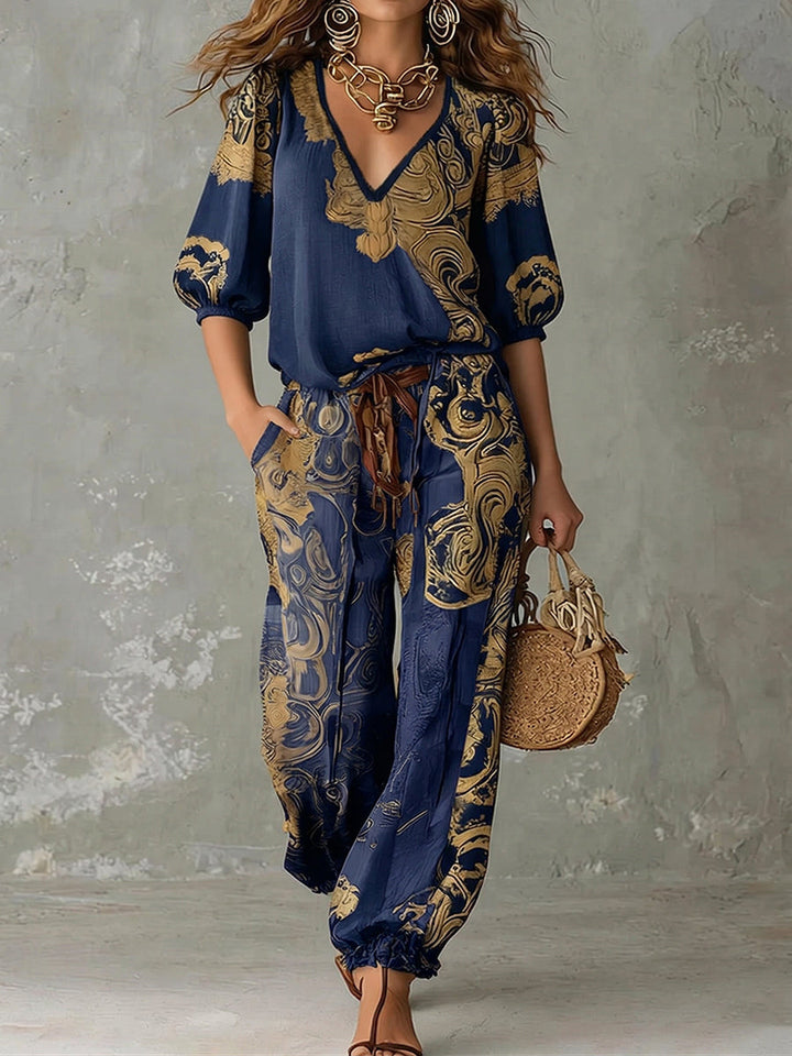 Vibrant bohemian print top & pants matching set, ideal for summer casual fashion and everyday comfort.