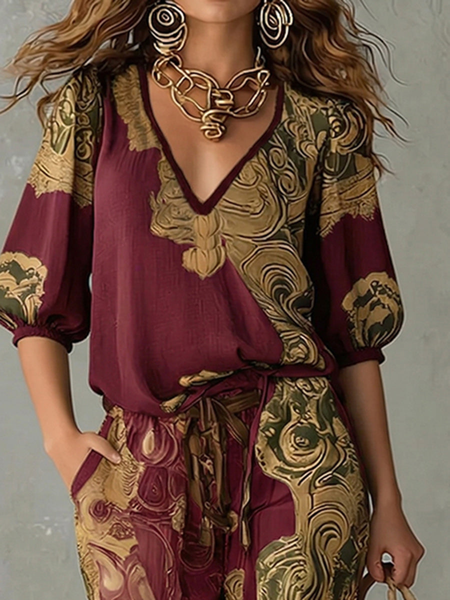 Relaxed fit women's bohemian print v-neck top & matching pants set, a versatile two-piece for summer.
