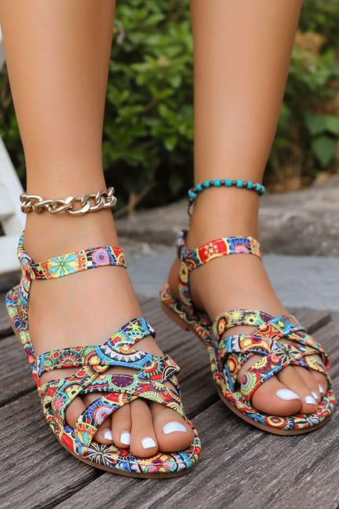 Women's Bohemian print T-strap flat sandals, perfect for summer beach or vacation wear, comfortable open-toe footwear.