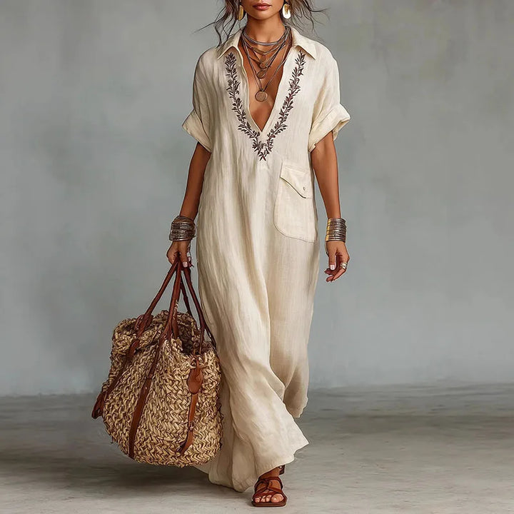 Women's Bohemian Printed Maxi Dress with Deep V-Neck, perfect for summer vacations.