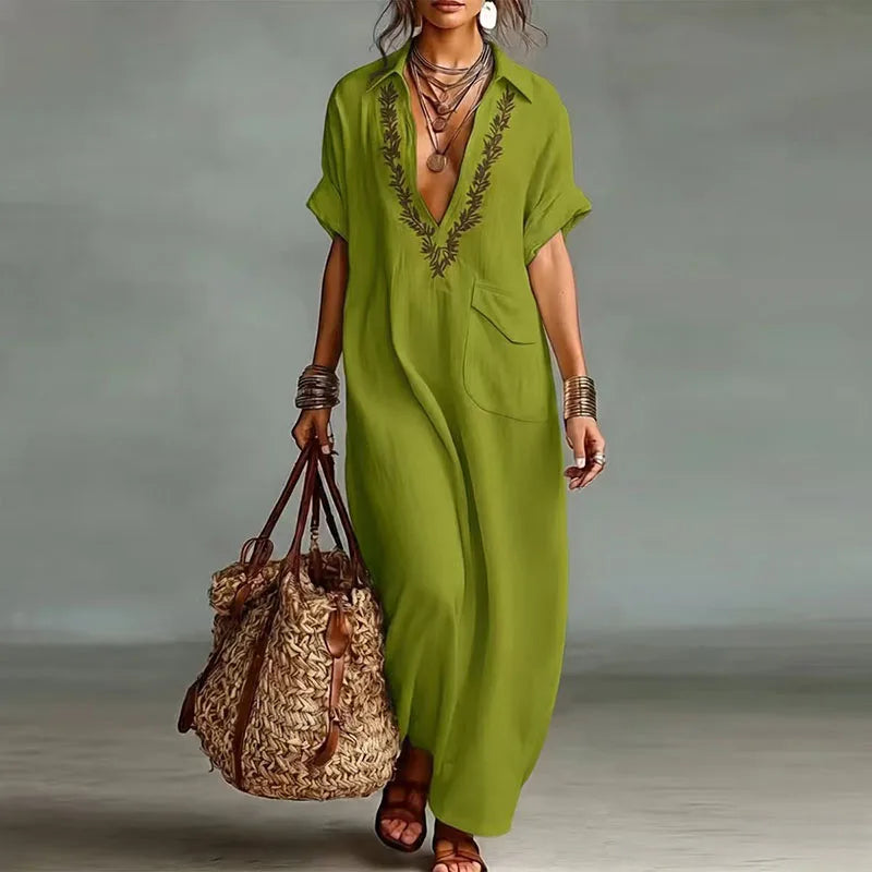 Vibrant printed deep V-neck maxi dress for women. A perfect bohemian beach dress for your next vacation.