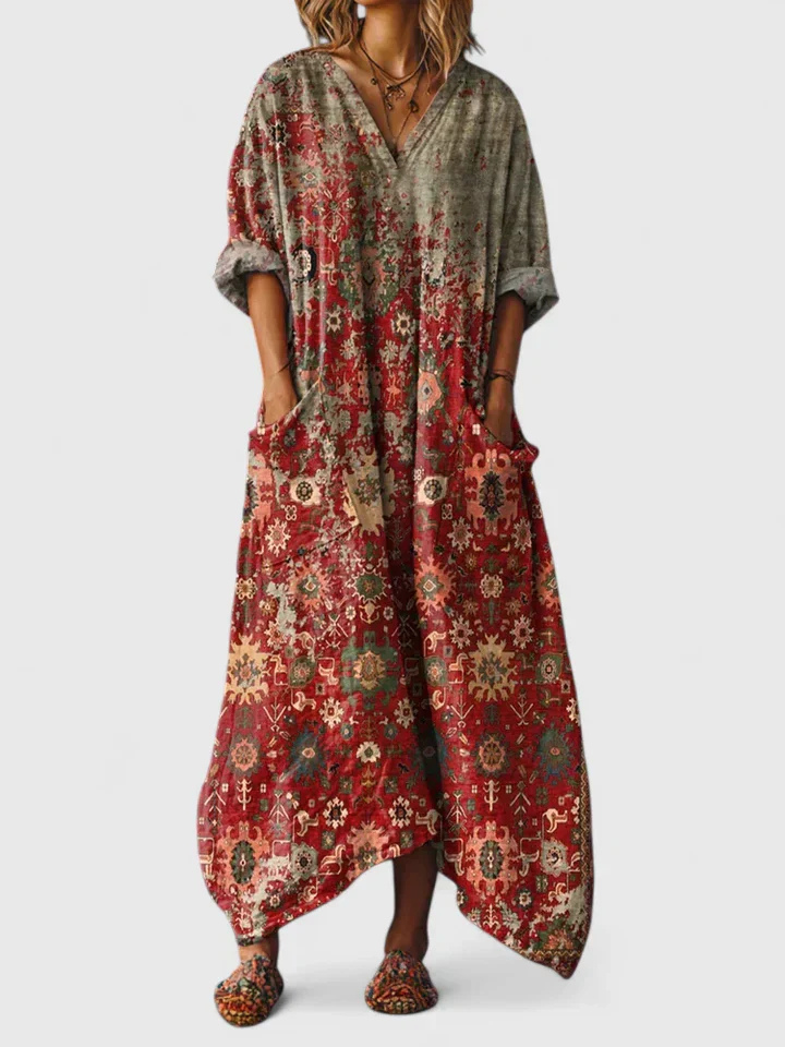 Effortless women's bohemian printed wide-leg jumpsuit with v-neck. Ideal for fashion, casual comfort.